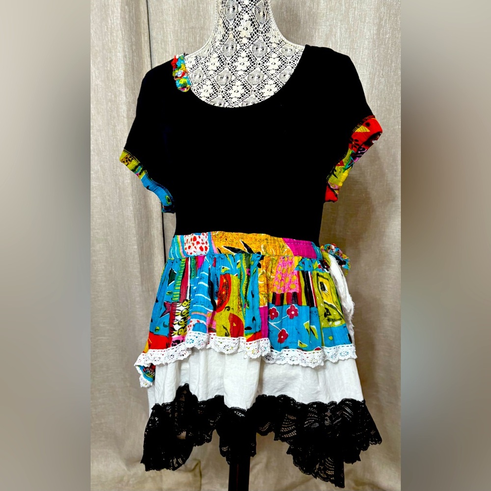 Y2K Upcycled Layered Peplum Tunic Art To Wear Black T-Shirt SizeL Ties In Back